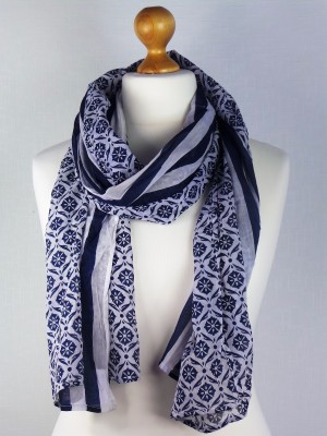 Sky Blue Cotton Scarf with wide Stripes and flower design